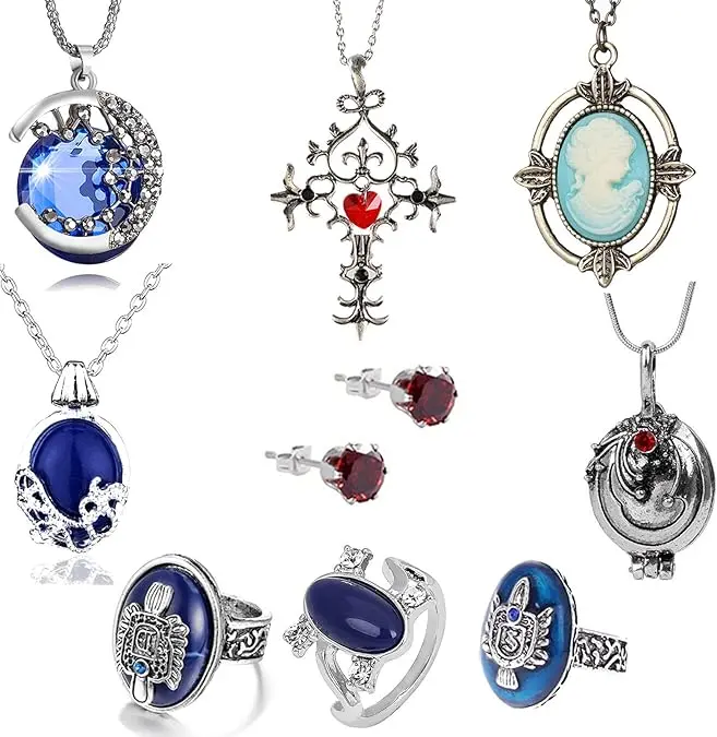 10 Piece Vintage Sapphire Crystal Jewelry Set with Blue Pendant Necklaces, Charm Necklace, Ring and Earrings for Women Cosplay Costume Accessories