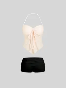 Fashion New Sexy Halter Neck Backless Strapless Women's Elegant Bodycon Cropped Top Shorts Set, Versatile Summer, Comfortable & Stylish