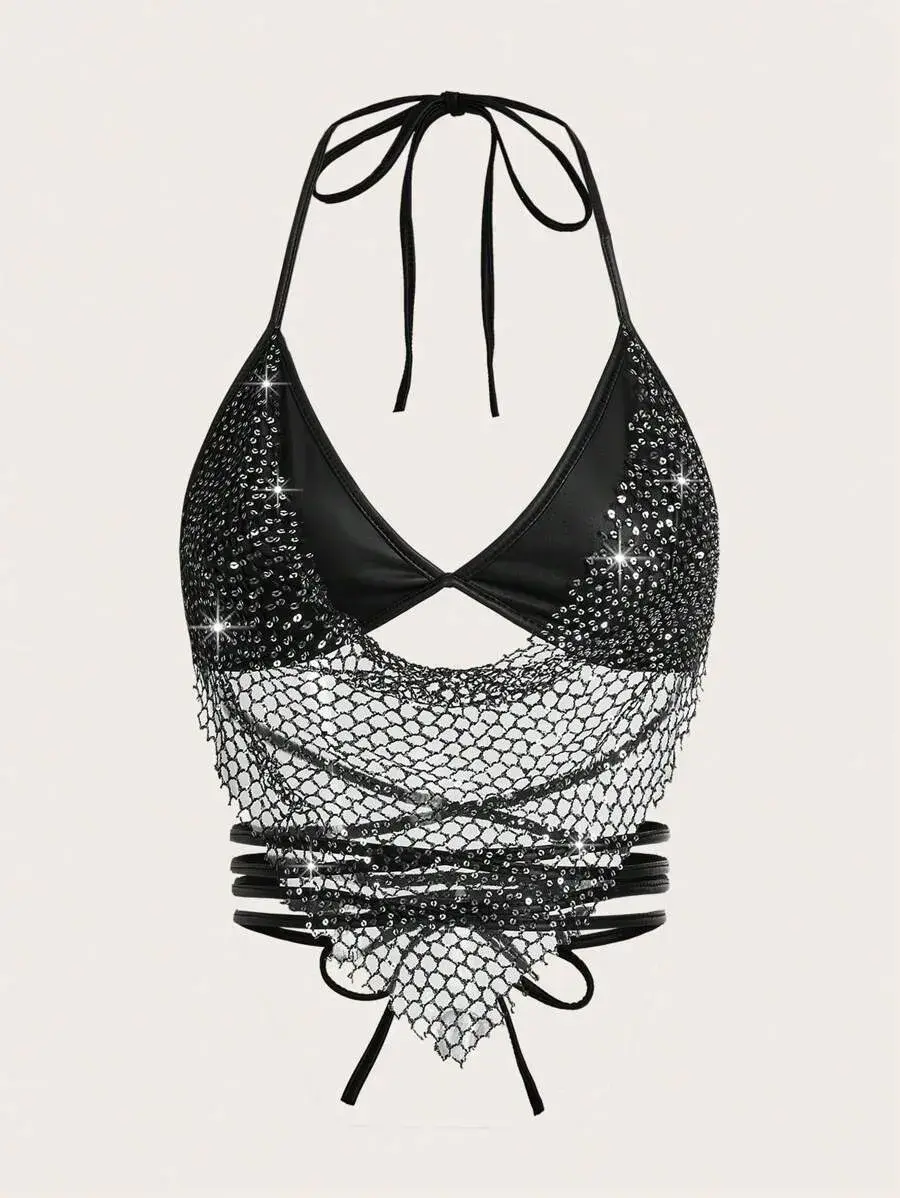 ICON Y2K Fishnet Halter Neck Glitter Party Bra Top – Football Jersey Style