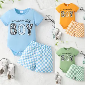 Ready Stock Summer Outfit For 0-18M Baby Boys Mother's Day Stylish Letter Graphics Short Sleeve Romper Tops Checker Pattern Shorts Set 2Pcs GF122311310 Clothing Tees Casual