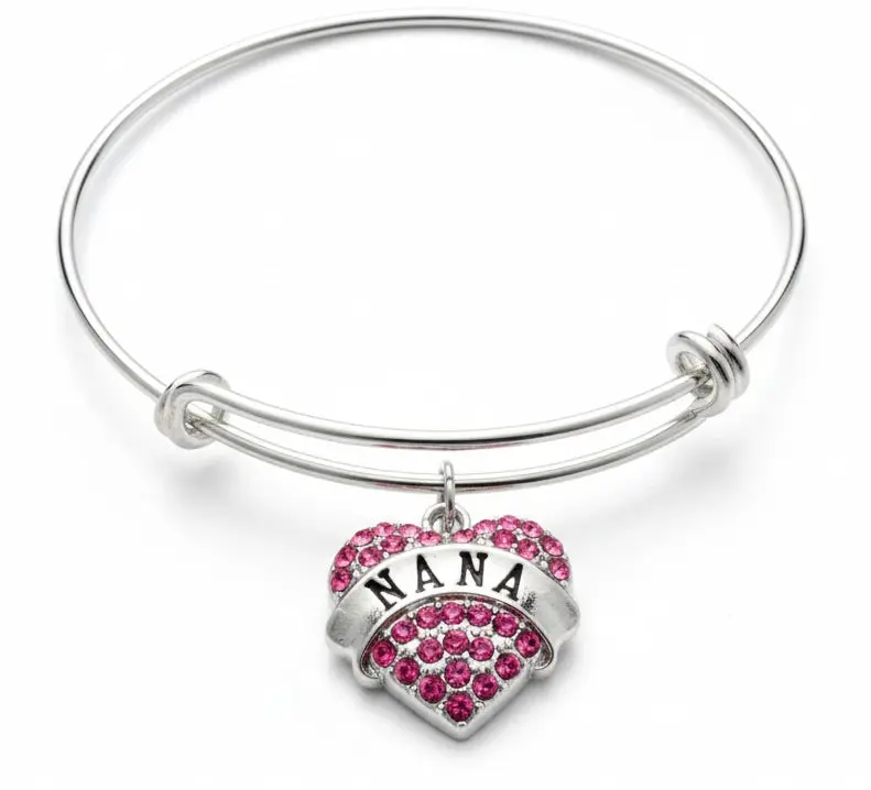 Nana Bracelet | Pink Crystal Heart Charm Silver Bangle Gift