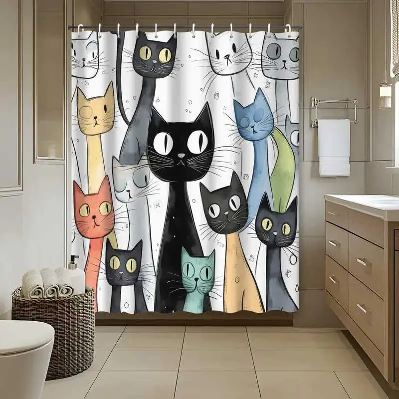 Cartoon Stick Figure Colorful Cat Design Printed Heavy Duty Shower Curtain, for bathroom decoration, Bathroom Decoration Accessories, waterproof, wear-resistant, easy to clean, machine washable, multi-size optional, send shower curtain hook