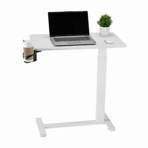 Overbed Table with Four Hidden Wheels, Height Adjustable Rolling Laptop Desk and Cup Holder, Portable Particleboard Bedside Table for Home Office Study Dorm, Easy Move Mobile Bed Tray, White
