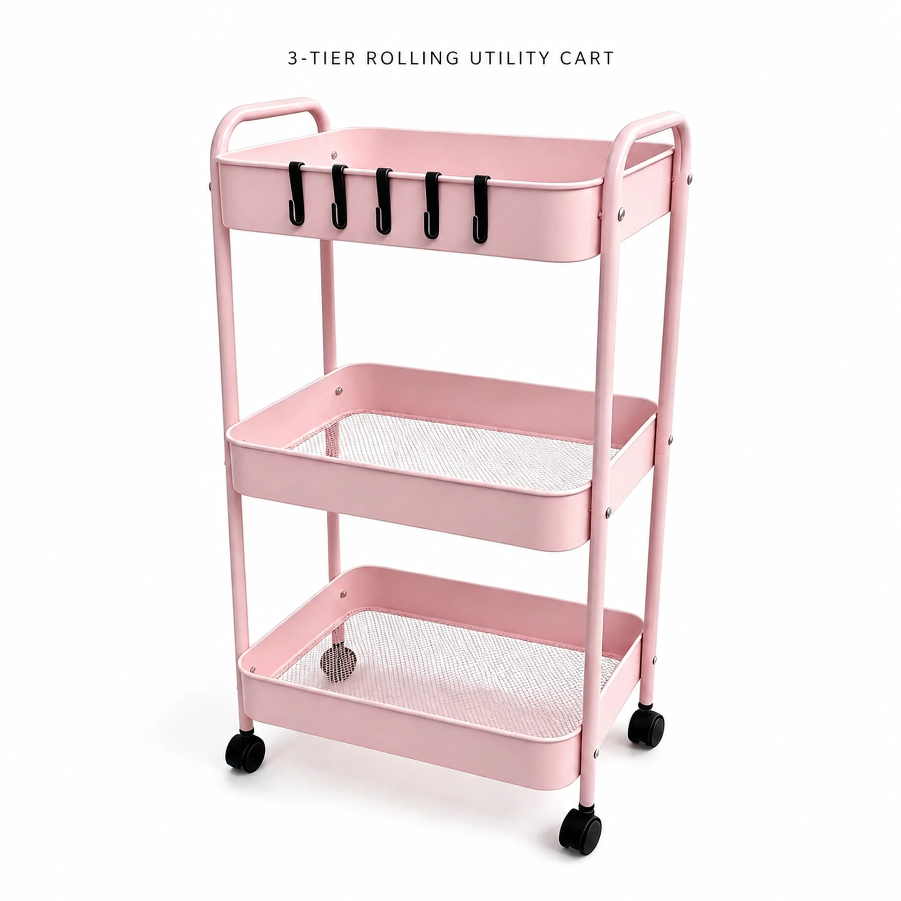 Pink 3-Tier Metal Mesh Rolling Utility Cart | Multi-Purpose Mobile Storage Organizer for Home Office, Beauty & Kitchen cute desk accessories
