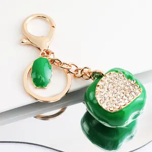 New Rhinestone fruit Keychain, 3D Fruit Bag Charm with Leaf Pendant, Cute Bling Green Apple Car Key Ring Accessory for Women,perfect daily use gift