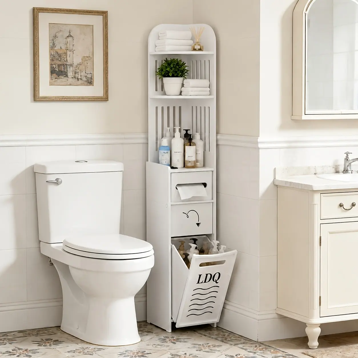 47-Inch Modern Slim PVC 2-Layer Bathroom Floor Storage Cabinet - Single Unit Home Supplies with Paper Holder, Hidden Trash Cabinet, Narrow Width White Stand for Apartment, Entryway, Floor Stand