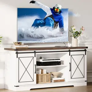 Garvee 65" Farmhouse Console Table with Sliding Barn Doors, Adjustable Shelf & Storage Cabinet for Living Room, Bedroom, Entertainment Center in White & Brown