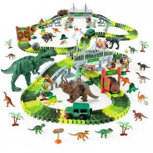215PCS Dinosaur Race Track Set – Glow in the Dark Adventure Car Playset for Kids with Flexible Tracks & Dinosaur Figures