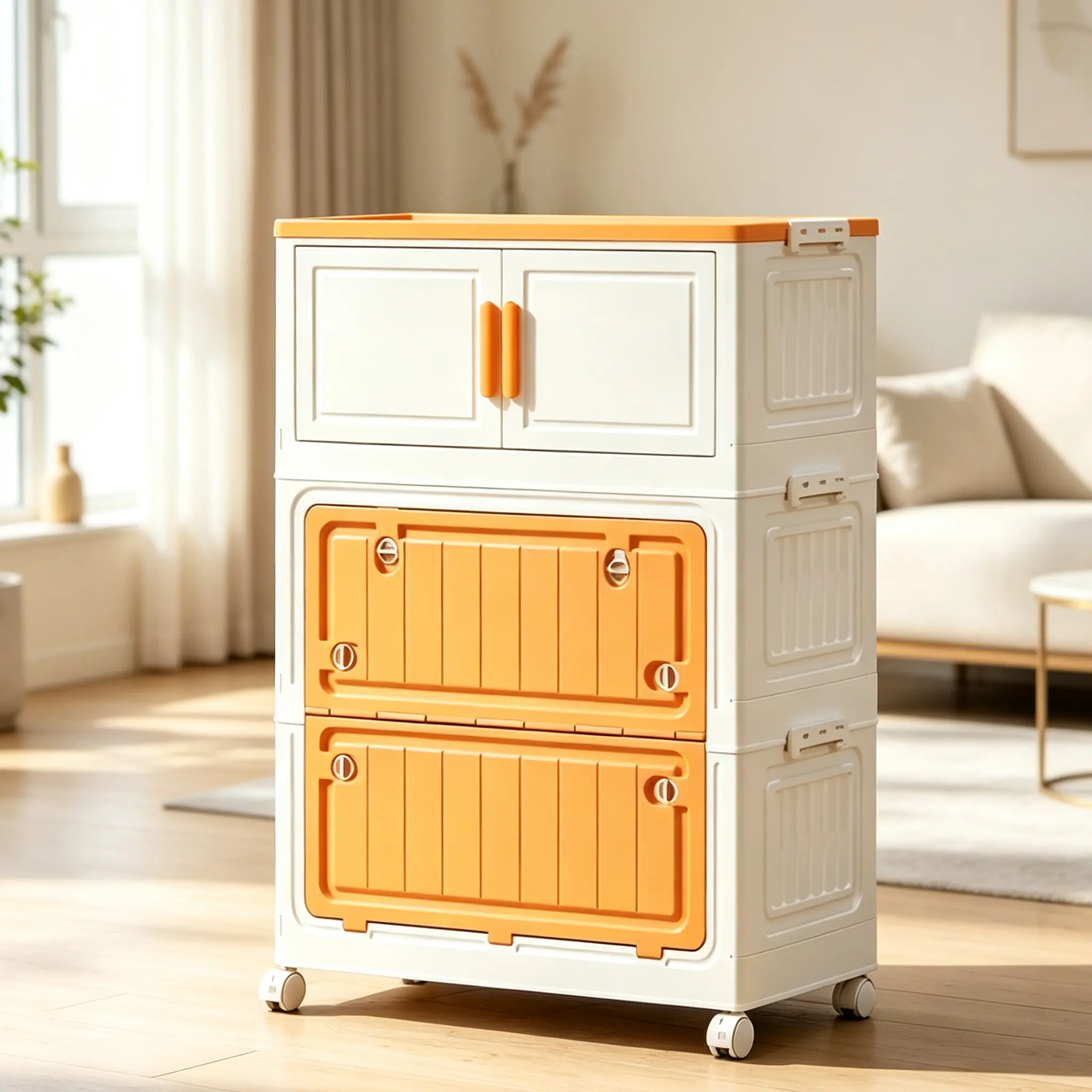 White Orange 3-Tier Foldable Stackable Storage Cabinet, 3-Way Open Collapsible Plastic Organizer with Lockable Wheels & Top, Tool-Free Assembly, Large Capacity Rolling Unit for Bedroom, Bathroom, Laundry, Small Apartment, Storage Bins With Lids, 3-Compart