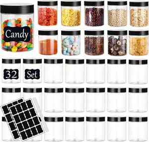 Plastic Jars with Lids Empty Slime Cosmetics Containers Clear Gift Food Jars Round PET Cream Jar with Black Lids Pen Labels for Kitchen Storage Spices Dry Food Body Butter Making