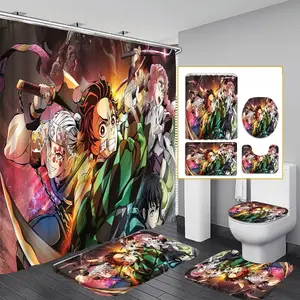 Demon Slayer Anime Print Shower Curtain Set, Bathroom Curtain, Includes 12 Hooks, Waterproof Curtains, Non-Slip Mat, U-Shaped Toilet Pad, Ideal Gift