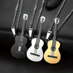 Simple Classic Punk Style Guitar Pendant Stainless Steel Necklace, Suitable for Both Men and Women, Suitable for Daily Use, Leisure, Vacation or Gift Accessories