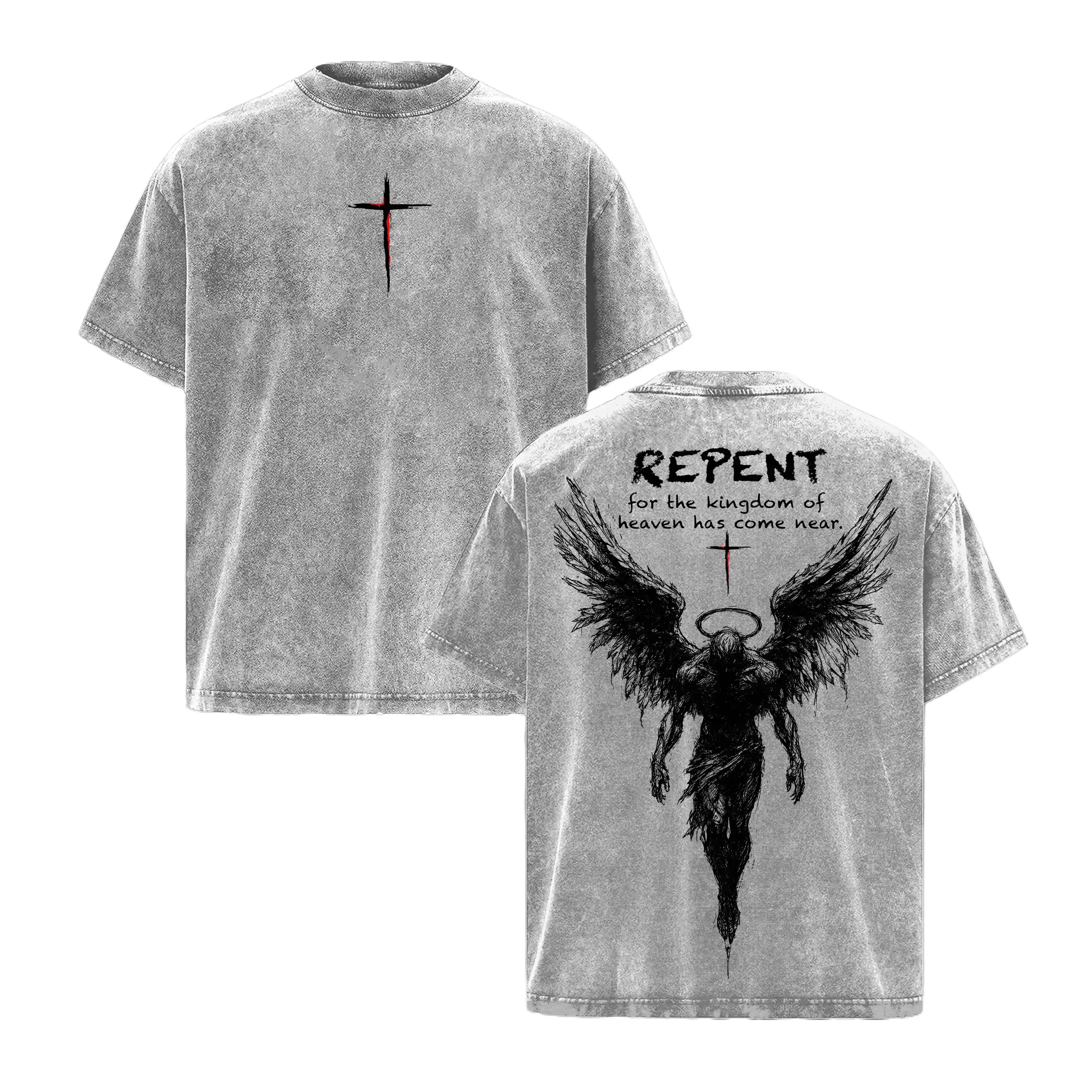 Repent Vintage Washed Oversized Christian T-Shirt, Angel Wings Faith Graphic Tee, “Kingdom of Heaven Has Come Near” Gospel Streetwear Top, Heavy Cotton Unisex Retro Worship Shirt