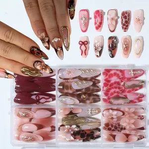 144 Almond Shape Medium Nail Tips Set, Press On Nail, Almond Fake Nails, Glossy Finish, Butterfly & Cross Designs, Pearl Elements, Leopard Print, Star Pattern, for Women & Girls, Nail Art Supplies