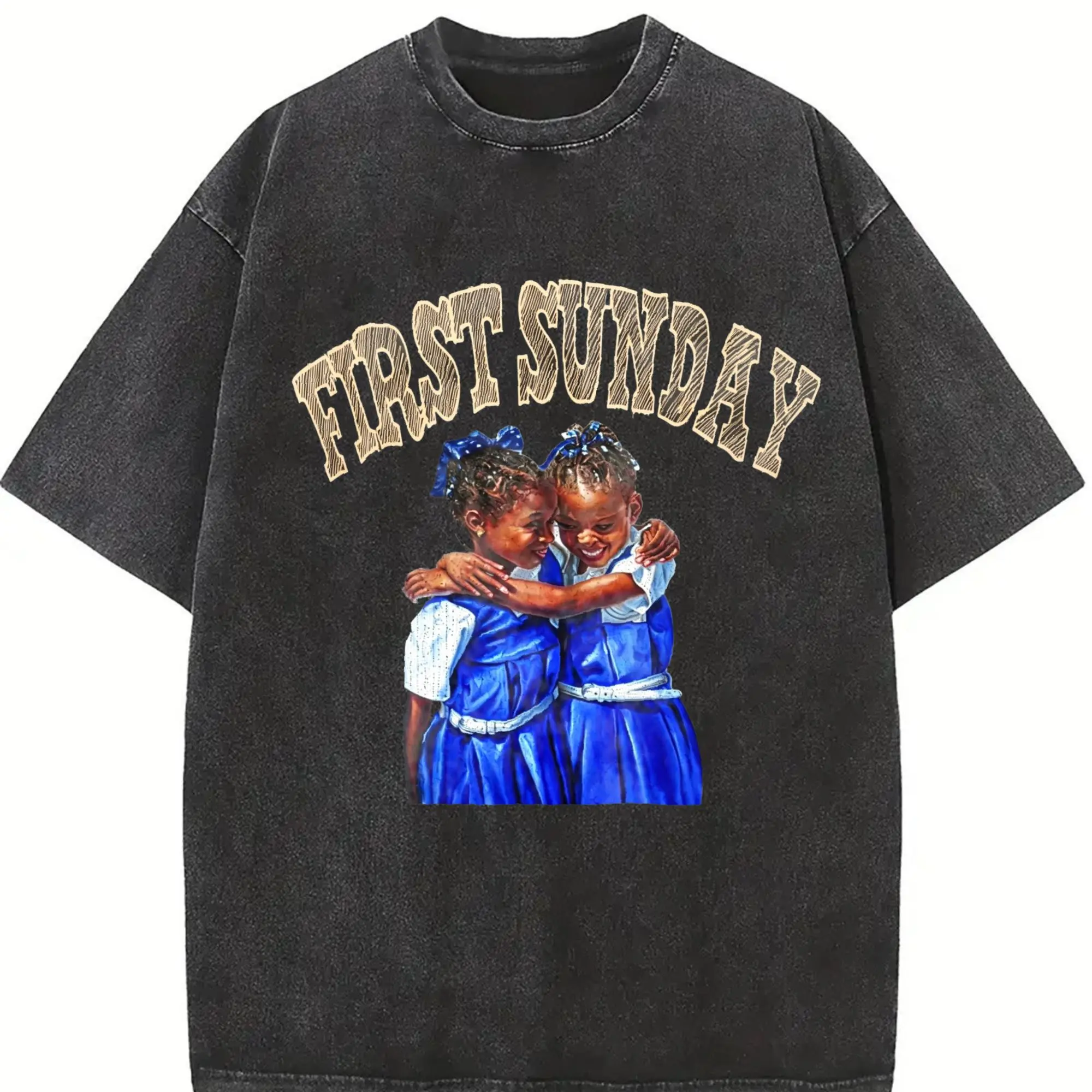 Men's "First Sunday" Children Hugging Graphic Oversized T-Shirt, 100% Cotton Black Community Streetwear Tee, Casual Loose Fit Tee