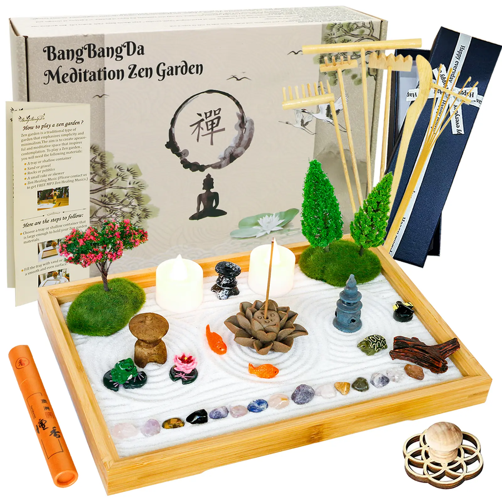 Minimalist Mini Japanese Zen Garden Desk Top Kit - 16 Pieces Stone & Resin Meditation Aid Set (13.7" x 7.8") with Bamboo Rakes, Bonsai Tree, Pagoda, Plants, Tools, Office Decor, Ornaments, Birthday Gift, Miniature Planters, Traditional, Stress Relief