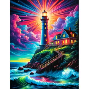 Large Size Unframed Round Diamond Painting Kit, 5D Diamond Painting Full Artificial Rhinestone Mosaic Painting Kit for Beginners, Handmade Diamond Painting Gem for Home Wall Decoration Gifts, Seaside Lighthouse, Diamond Art Tools