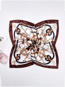 Elegant Silk-Like Printed Reusable Bandana Scarf with Metal Chain Clasp, 50cm Square Scarf for Women, Stylish Gift & Daily Accessory