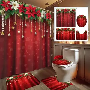 1/4pc Christmas-themed shower curtain set with poinsettia and star patterns, including a shower curtain, toilet seat cover, rectangular mat, and U-shaped mat. Perfect for bathroom décor and beautifying the space. Comes with 12 shower curtain hooks.