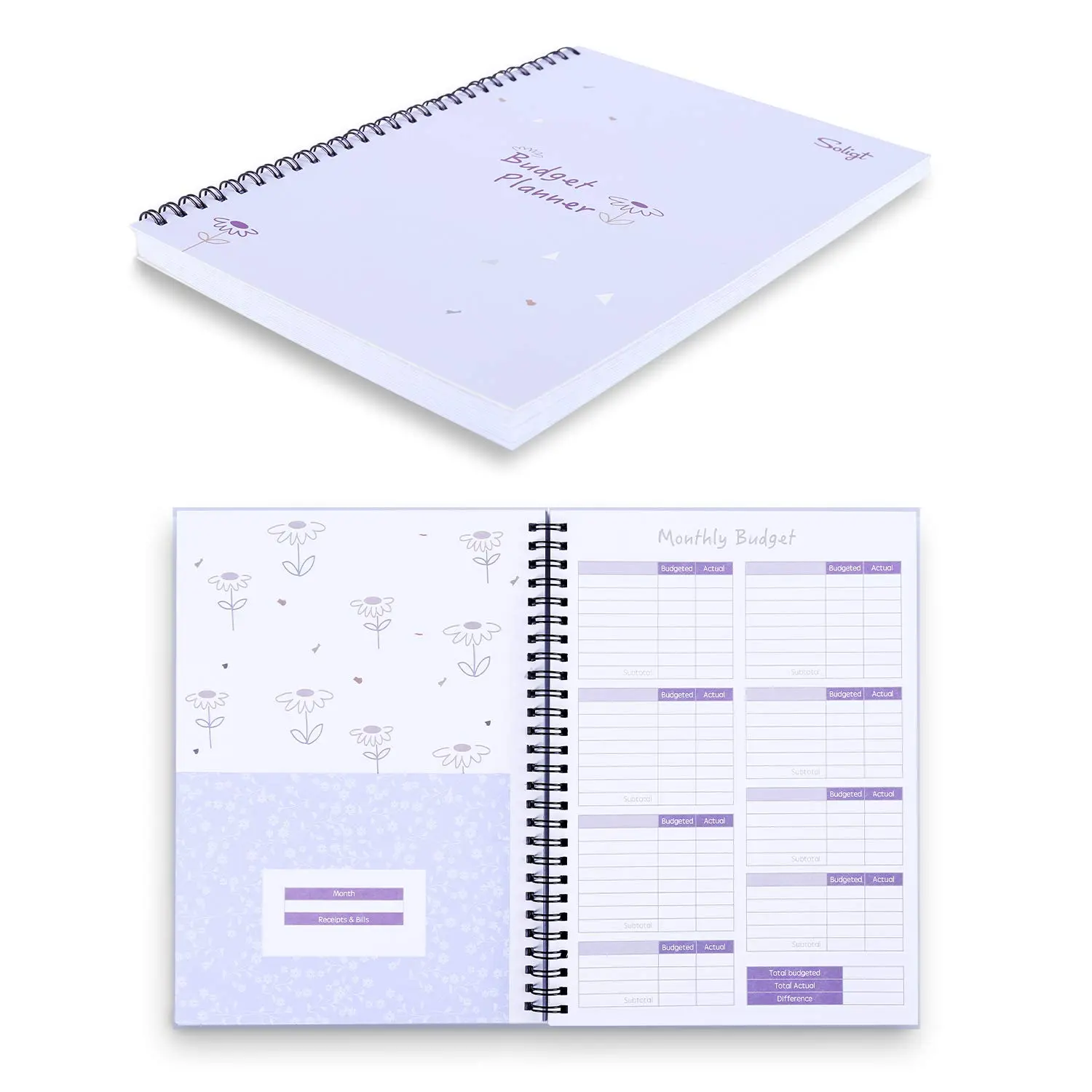 Spiral Bound Monthly Budget Planner Book (Undated) - Purple Accounting Office Stationery with 12 Pockets for Income, Debt, Saving, Expense, Bill Tracking, Spiral Bound Planner
