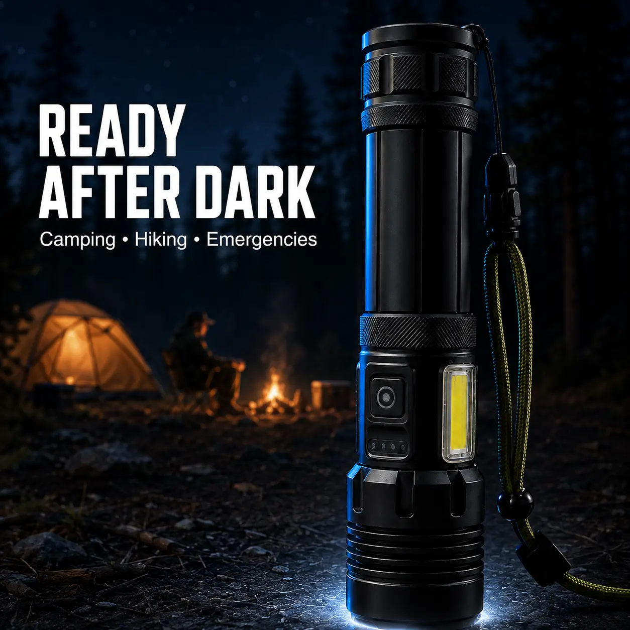 New portable and durable aluminum alloy LED flashlight with a COB side light, comes with a USB charging cable and battery (reversible charging)