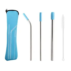 5pcs Set Stainless Steel Straws, Reusable Metal Straws With Silicone Tips, Sturdy Bent Straight Drinks Straw, Food Grade Straw, With 3pcs Straws, 1pc Cleaning Brush And 1pc Bag, 8inch