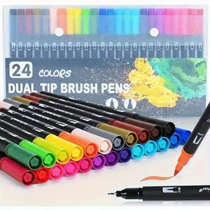 24pcs Dual-Ended Watercolor Paint Brushes Set, Vibrant Colors, Ideal for Painting Sketching & Crafts, Durable Plastic Material, School Supplies