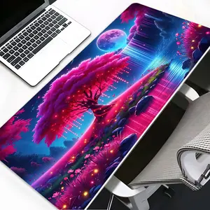 Vibrant Fantasy Pink Tree Moonlit Art Large Gaming Mouse Pad, Gaming Desk Accessory, Washable Aesthetic Office Desk pad Non-Slip Rubber Base Stitched Edge For Desk Laptop For Home Office Game Gift For Friends Family Gaming Enthusiasts, Gaming Accessories