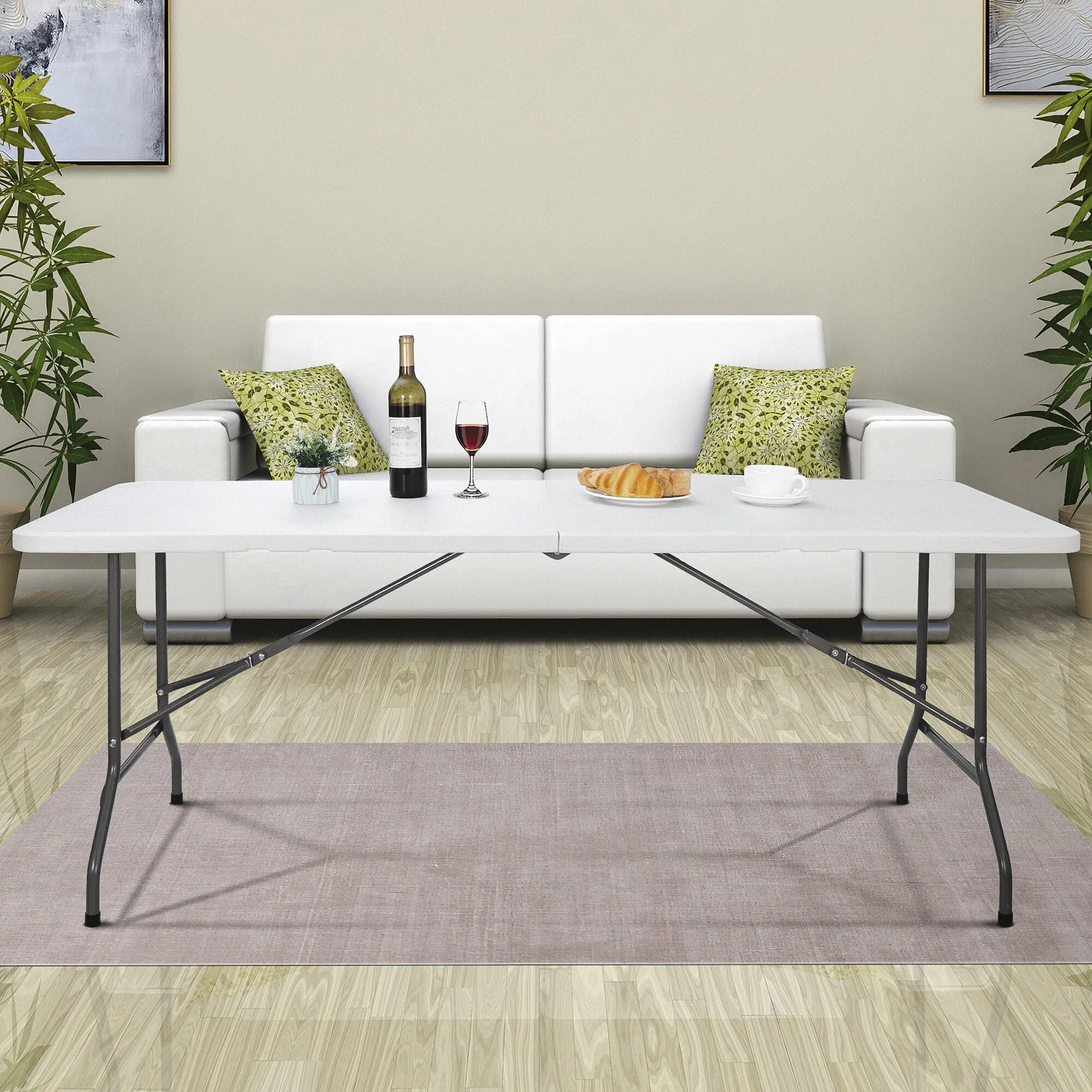 SUPERDEAL Compact Folding Rectangular Picnic Table - 3/6/8 FT HDPE Top Heavy-Duty Plastic, Space-Saving, Easy-to-Clean, Fold-in-Half with Carry Handle & Storage, 19.7 lbs Lightweight Outdoor Table, Portable Outdoor Seating for Camping