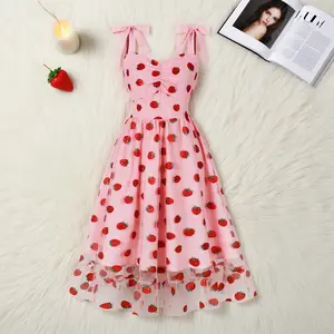 Pink Strawberry Print Bowknot Suspender Sweetheart Neck Mid-Length Summer Cute Casual Party Holiday Dress OutdoorFun  Womenswear Skirt Flared  weddings dress