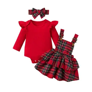 Newborn Baby Girl Christmas Outfits Long Sleeve Romper Dress Plaid Xmas Dresses Skirt Set 3Pcs Fall Winter Clothes