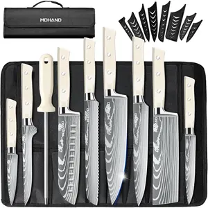 MDHAND Chef Knife Set with Roll Bag, 9PCS Professional Knife Set with Sharpener, High Carbon Stainless Steel Japanese Kitchen Knife Set - Forged Triple Rivet Handle, Dishwasher Safe, Chef Gifts, White#fathersdaygift