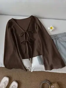 Women's Casual Loose-Fit V Neck Flounce Sleeve Shirt Blouse, Textured Solid Color Long Sleeve Front Button Down Top, All Seasons Fashion