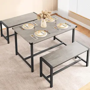 Dining Table Set for 4, Kitchen Table with Benches, Rectangular Dining Room Table Set with 2 Sturdy Benches, 3 Piece Kitchen Table Set for Small Space, Apartment, Studio, Retro Gray