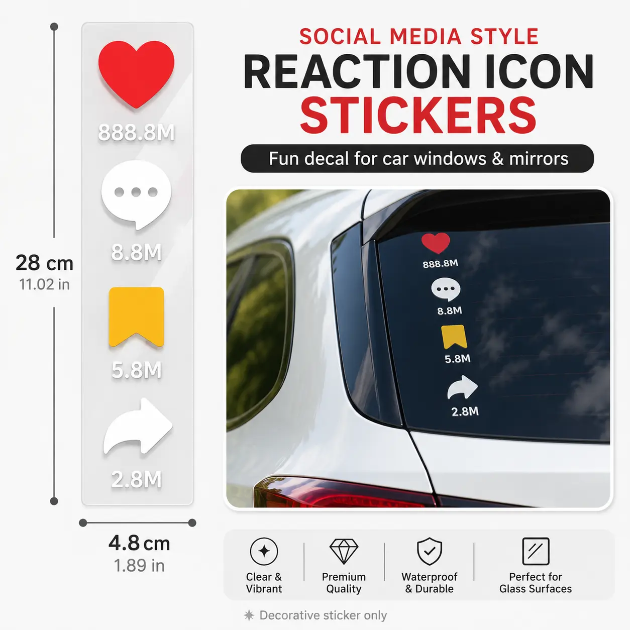 Social Media Reaction Icon Stickers, Like Comment Share Decals for Car Window, Mirror, Laptop, Room Decor & Content Creator Setup