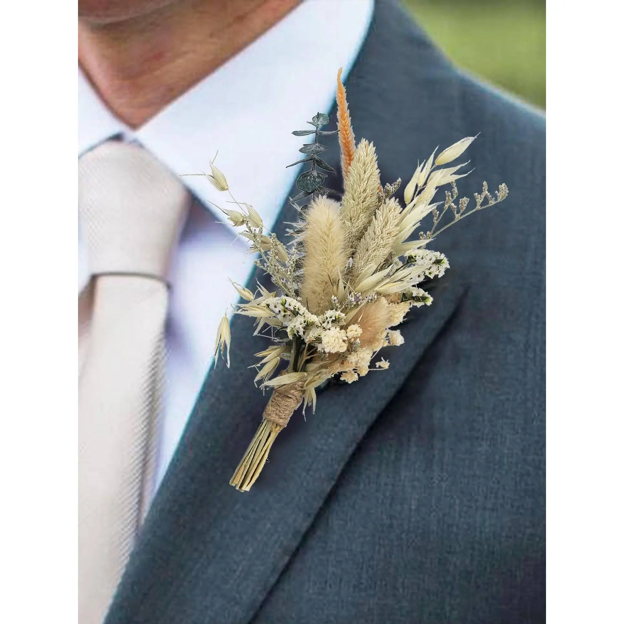 Rinlong 6Pcs Natural Dried Flower Boutonnieres - 5.5-inch Boho Rustic Style with Lavender, Baby's Breath, Bunny Tails, Wheat, Oats, Pampass, Dried Grasses, Wedding, Prom Festive Party Decor Supplies, 5.5-Inch H, Natural Dried Flowers