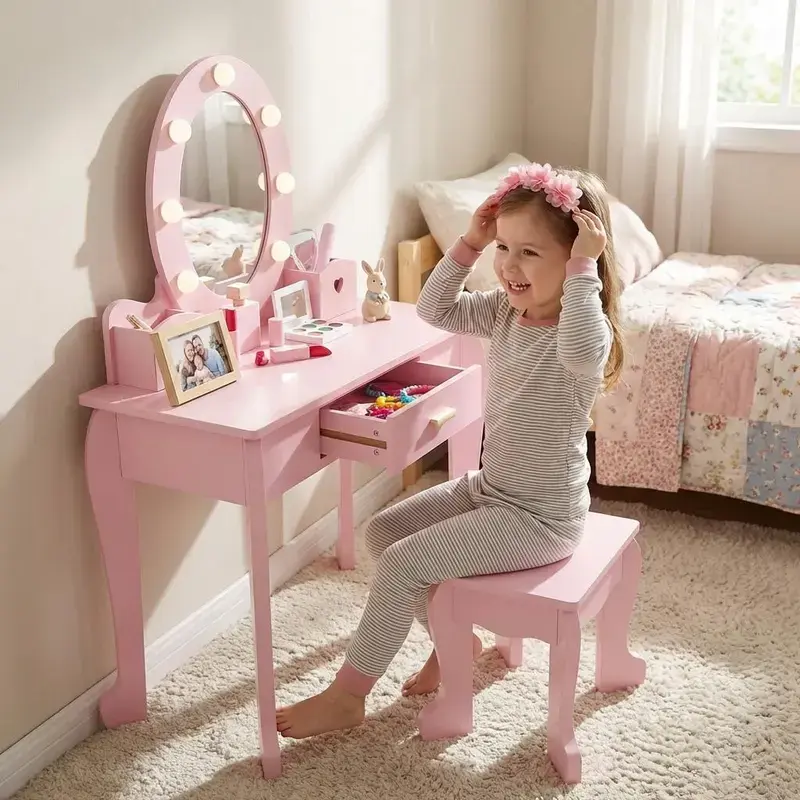 Flash sale home items Kids Vanity Set with Lighted Mirror and Stool, Wooden Girls Makeup Table and Pretend Play Dressing Accessories Toy, Princess Vanity for Little Girls Ages 4-9, Birthday or Christmas Gift