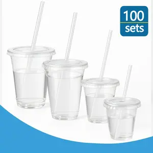 Premium 100 Pack Clear Plastic Cups with Lids and Straws, Heavy Duty BPA-Free Disposable Cold Beverage Cups, 8 oz 16 oz Crack-Resistant To-Go Tumblers for Iced Coffee Smoothie, Elegant Halloween Christmas Party Supplies, Transparent Plastic