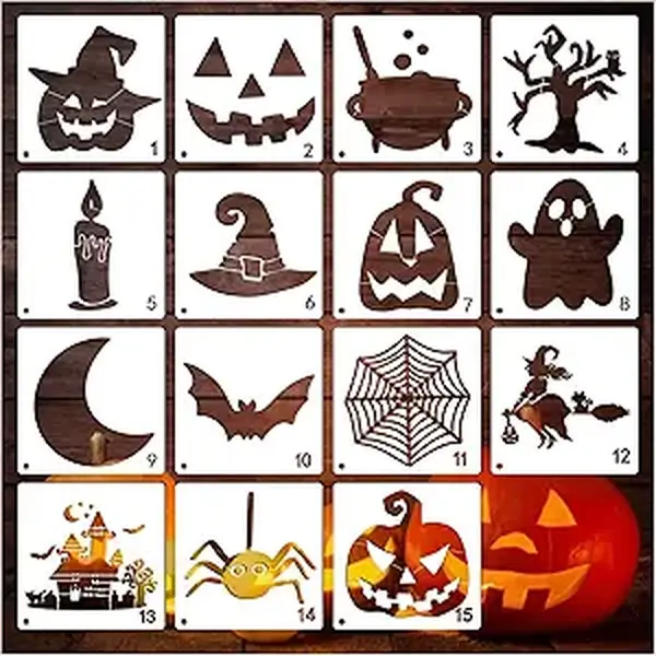 Halloween Stencils for Painting on Wood Shirts Holiday Cookie, Large Halloween Pumpkin Carving Paint Stencil Reusable for Craft Wall Decorating (15pcs 8in Halloween)