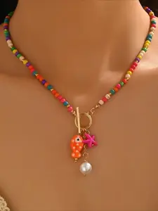 Bohemian Ceramic Fish Beaded Ot Clasp Dainty Boho Necklace, Faux Pearl Starfish Pendant, Women's Party Vacation Unique Design Jewelry