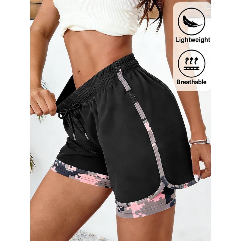 Women's Fitted Nylon Breathable 2-in-1 Sports Shorts - Anti-Chafe Liner, Seam Pocket, Drawstring Waist, Short Length, Normal Fit for Running, Cold Wash Only, No Dry Clean, Polyester/Nylon