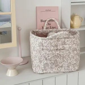 Soft Floral Patchwork Storage Basket, Large Capacity Handheld Laundry Hamper, Korean Style Fabric Organizer for Toys & Clothes