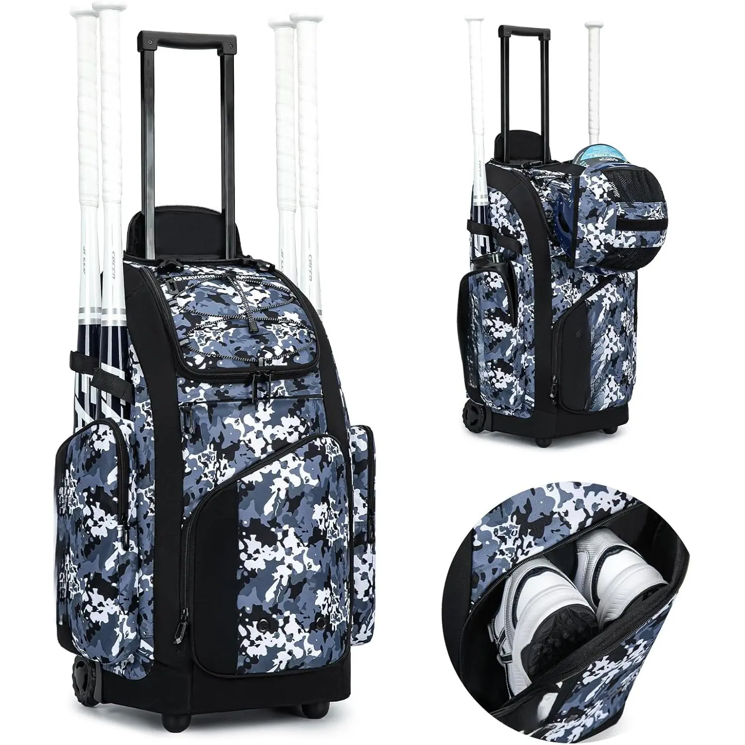 Rolling Baseball Bag with Wheels, 60L Capacity Softball Bag Holds 4 Bats for Boys and Girls, Youth Equipment Bag with Shoe Compartment