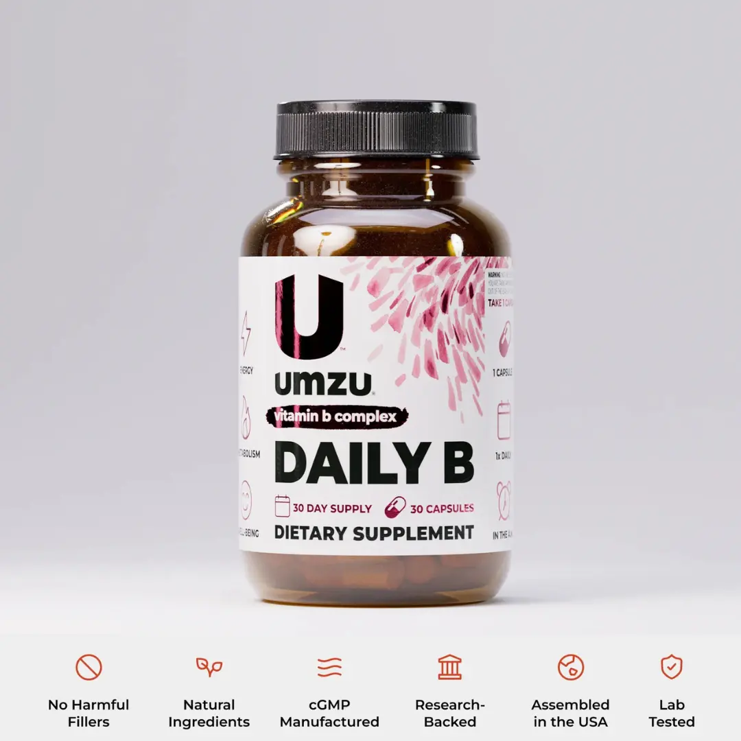 UMZU Daily B Natural B Complex Vitamins Dietary Supplement - Water-Soluble Vegetarian Capsules with All 8 Bs, B12, B6, B1, Niacin, Folate for Energy Boost, Metabolism Support, Brain Health, 30 Count, Supplement Stack, All-In-One Vitamins Supplements