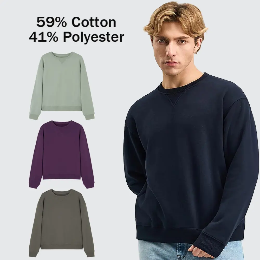 MEGA T SHOP Men's Cotton Crew Neck Sweatshirt - Minimalist French Terry Pullover with V-Stitch, Herringbone Detail, Rib Hem, Wrinkle-Free Wash-Free, Heat-Retaining, Extended Sizing (XS-4XL), Casual Chic Party Top