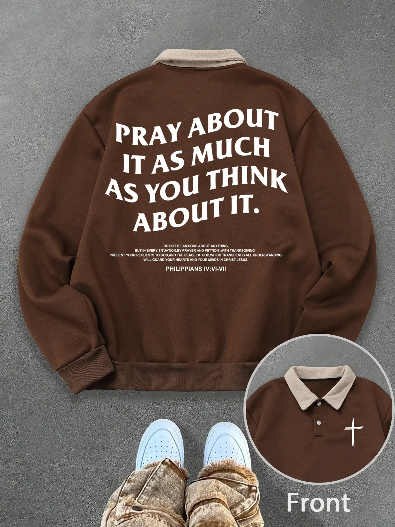 Unisex Graphic Print Fitted Polo Sweatshirt, Thick Vintage Style Fleece Pullover with Philippians 4:6 Quote, Streetwear Y2K Fashion