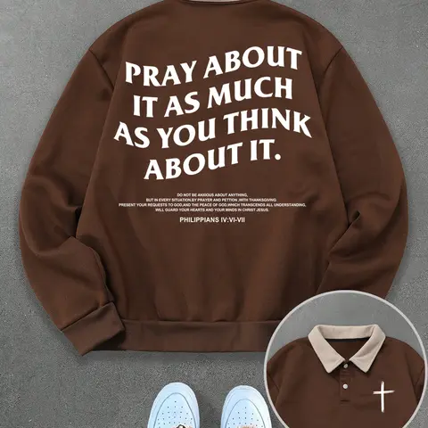 Unisex Graphic Print Fitted Polo Sweatshirt, Casual Thick Vintage Style Fleece Pullover with Philippians 4:6 Quote, Streetwear Y2K Fashion