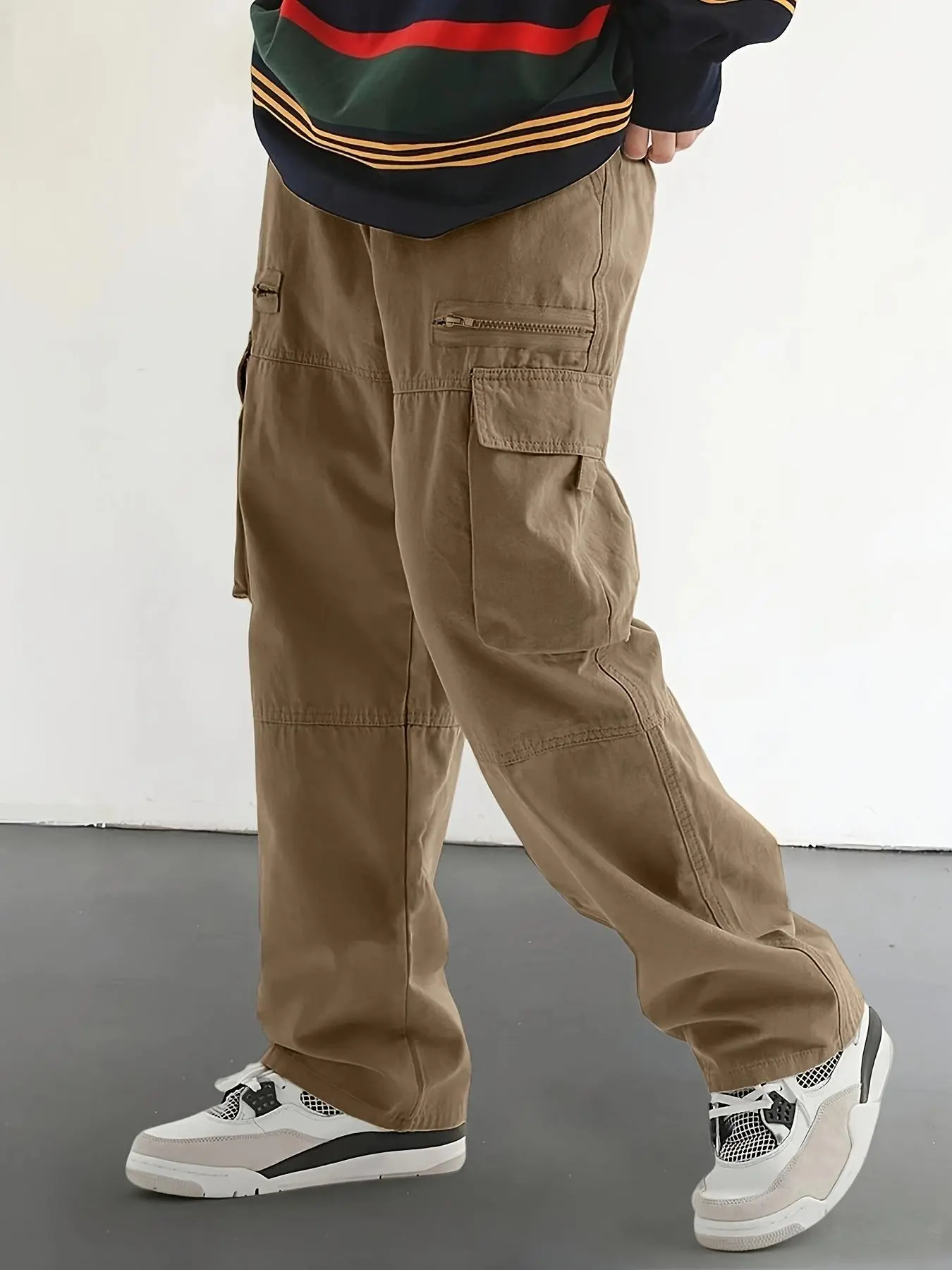 Men’s High-Street Cargo Trousers - Plain Polyester Mid-Waist, Multiple Pockets, Loose Straight-Leg Casual Long Pants for Casual Wear, Beige Menswear