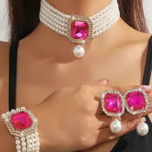 Pearl Rhinestone Crystal Elegant Fashionable Jewelry Earrings Bracelet Necklace Set for Daily Wear or Gift Bridal Wedding Parties