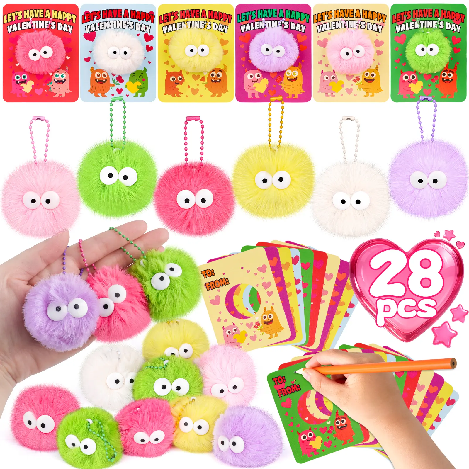 28 Pack Fluffy Keyrings for Kids Classroom Exchange Party Favors, Squishy toys Classroom with Valentine Stuffed Animal Keychain Valentines Cards for Girls Boys Exchange Gifts Mini Plush Toys Valentine Party Favors School Prizes
